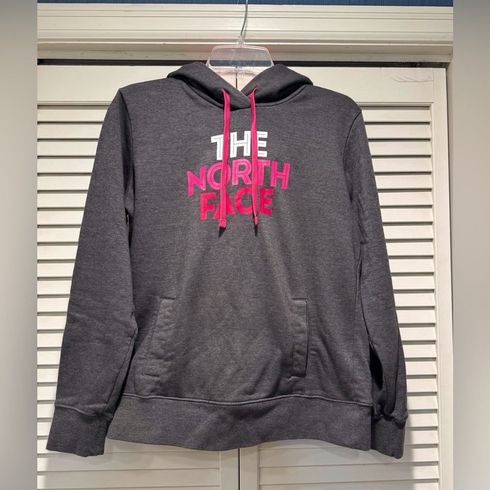 THE NORTH FACE—M, Hooded Sweatshirt, Gray, Hot Pink w/ White/Hot Pink Logo